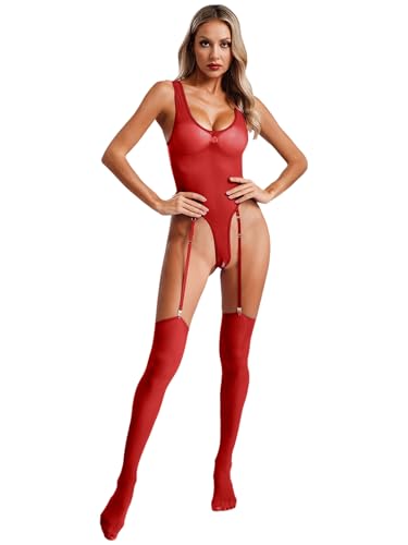 RUNQHUI Damen Mesh Body Transparent Overt Stringbody mit Nylonstrümpfe Strumpfhosen Dessous Reizvolle Clubwear Rot Einheitsgröße von RUNQHUI