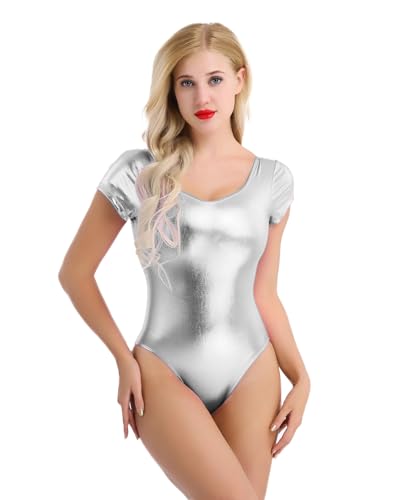 RUNQHUI Damen Metallic Body Sport Body Kurzarm Ballett Trikot Tanz-Body Glänzend Wetlook Catsuit Bodysuit Einteiler Trikotanzug Tanzkostüm Silber L von RUNQHUI