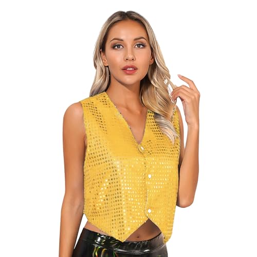 RUNQHUI Damen Pailletten Weste Button Down Anzugweste Crop Top Waistcoat Hip Hop Jazz Karneval Fasching Verkleidung Tanzkostüm Gold S von RUNQHUI