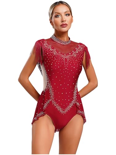 RUNQHUI Damen Turnanzug Ärmellos Glitzer Ballettanzug Gymnastik Leotards Ballett Tanzkleidung mit Asymmetrisch Saum Latein Overalls Ballettanzug Burgundy M von RUNQHUI
