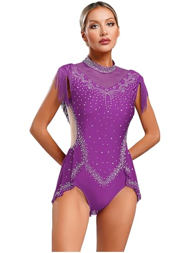 RUNQHUI Damen Turnanzug Ärmellos Glitzer Ballettanzug Gymnastik Leotards Ballett Tanzkleidung mit Asymmetrisch Saum Latein Overalls Ballettanzug Violett XL von RUNQHUI