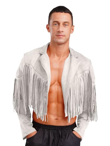 RUNQHUI Herren Cowboy Kostüm Jacke Langarm Fransen Crop-Jacke Western Fransenjacke Halloween Karneval Fasching Kostüm Beige XL von RUNQHUI