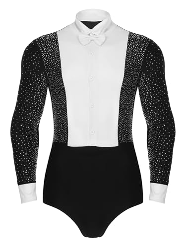 RUNQHUI Herren Langarm Tanz Hemd Body Latein Tanzbody Stringbody Einteiler Eiskunstlauf Dancewear mit Fliege Gr. M-XXL Schwarz XXL von RUNQHUI