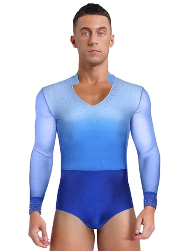 RUNQHUI Herren Latein Tanz-Body Mesh Patchwork Hemdbody Ballsaal Samba Body mit Strass Langarm Ballettanzug Performance Tanzkostüm Blau 3XL von RUNQHUI