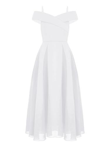 RUNQHUI Kinder Mädchen Festlich Kleid Blumenmädchen Kleid Ärmelloses A Linien Partykleid Chiffon Abendkleid Partykleid Festzug Hochzeit Outfits Weiß 158-164 von RUNQHUI