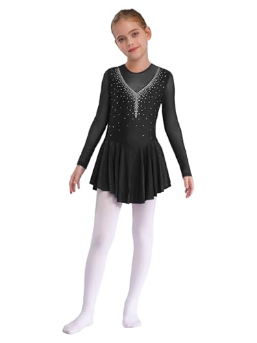 RUNQHUI Mädchen Ballettanzug Langarm Ballettkleid Eiskunstlauf-Kleid Tanzkleid mit Strass Ballerina Skater Kleider Ballettkleidung Gymnastikanzug Schwarz 128 von RUNQHUI