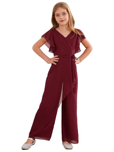 RUNQHUI Mädchen Chiffon Jumpsuit Sommer Elegant Hosenanzug Einteiler Chiffon Festliche Kinderbekleidung für Hochzeit Party Abend Geburtstag Burgundy 134-140 von RUNQHUI