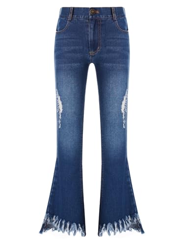 RUNQHUI Mädchen Jeanshosen Vintage Jeans Slim Fit Strech Ausgestellte Hose Glockenhose Elastische Taille Jeanshose Streetwear mit Taschen A Dunkelblau 158-164 von RUNQHUI