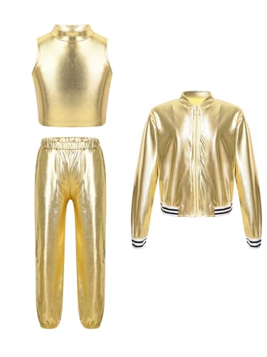 RUNQHUI Mädchen Metallic Traininganzug Tanz Outfit Kinder Glitzer Metallic Bomberjacke Hose Set Jazz Hip Hop Kleidung Karneval Party Festival Outfit Gold 134-140 RUNQHUI Mädchen Metallic Traininganzug Tanz Outfit Kinder Glitzer Metallic Bomberjacke Hose Set Jazz Hip Hop Kleidung Karneval Party Festival Outfit Gold 134-140 von RUNQHUI