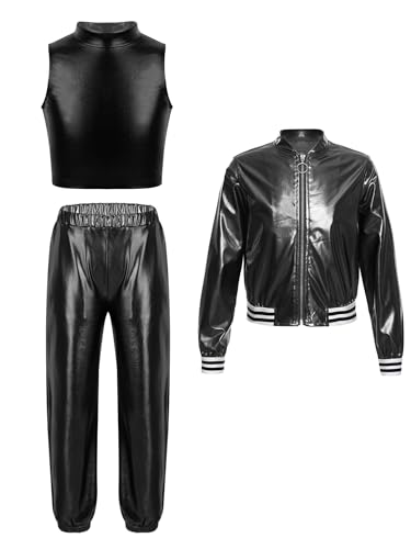 RUNQHUI Mädchen Metallic Traininganzug Tanz Outfit Kinder Glitzer Metallic Bomberjacke Hose Set Jazz Hip Hop Kleidung Karneval Party Festival Outfit Schwarz 134-140 RUNQHUI Mädchen Metallic Traininganzug Tanz Outfit Kinder Glitzer Metallic Bomberjacke Hose Set Jazz Hip Hop Kleidung Karneval Party Festival Outfit Schwarz 134-140 von RUNQHUI
