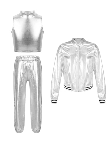 RUNQHUI Mädchen Metallic Traininganzug Tanz Outfit Kinder Glitzer Metallic Bomberjacke Hose Set Jazz Hip Hop Kleidung Karneval Party Festival Outfit Silber 134-140 von RUNQHUI