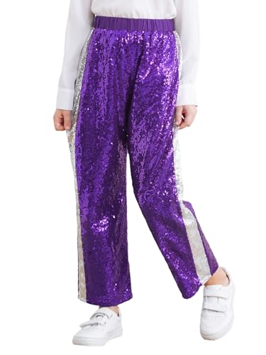 RUNQHUI Mädchen Pailletten Weites Bein Hosen Kinder Jazz Pants Glitzer Tanzhose Für Karneval Fasching Tanzen Geburtstag Party Violett 146-152 von RUNQHUI