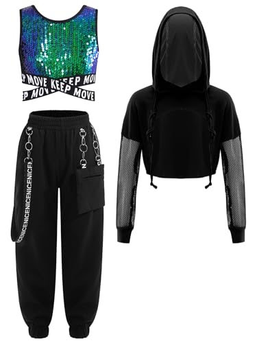 RUNQHUI Mädchen Sport Set Langarm Crop Tops + Metallic Sport Bustier + Cargohose Kinder Sport Hip Hop Outfit Street Dance Outfits Gr. 110-170 Grün 158-164 von RUNQHUI