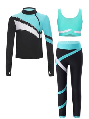 RUNQHUI Mädchen Sportanzug aus Sweatshirt +Sport Bh +Sport Leggings Sporthose Trainingsanzug Kinder Jogginganzug Gym Fitness Workout Blau Grün 134-140 von RUNQHUI