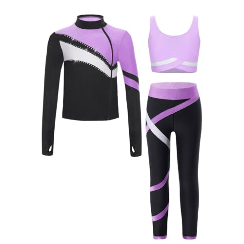 RUNQHUI Mädchen Sportanzug aus Sweatshirt +Sport Bh +Sport Leggings Sporthose Trainingsanzug Kinder Jogginganzug Gym Fitness Workout Helles Lila 122-128 von RUNQHUI