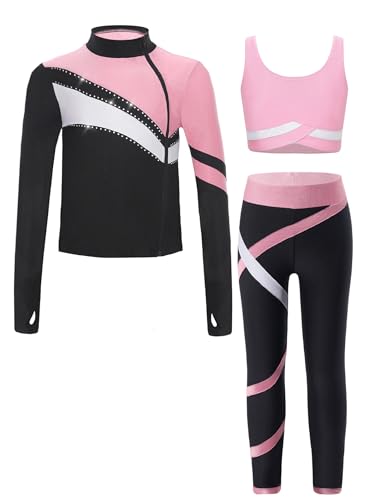 RUNQHUI Mädchen Sportanzug aus Sweatshirt +Sport Bh +Sport Leggings Sporthose Trainingsanzug Kinder Jogginganzug Gym Fitness Workout Rosa 146-152 von RUNQHUI