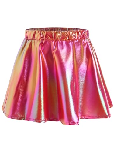 RUNQHUI Mdächen Hochglanz Metallic Minirock Glänzende Plisseerock Skater Rock Mini Faltenrock Tanzrock Disco Kostüm Röcke Rot 146-152 von RUNQHUI