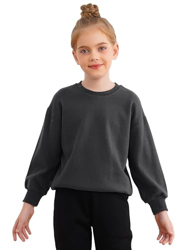 RUNQHUI Unisex Kinder Langarmshirt Basic Einfarbig Sweatshirt mit Rundhalsausschnitt Mädchen Jungen Baumwolle Oberteil Dunkelgrau 98-104 von RUNQHUI