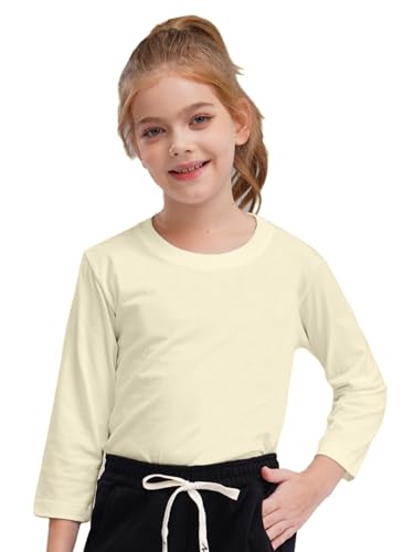 RUNQHUI Unisex Kinder Langarmshirt Basic Einfarbig T-Shirt mit Rundhalsausschnitt Mädchen Jungen Baumwolle Unterhemd Oberteil Beige 122-128 von RUNQHUI