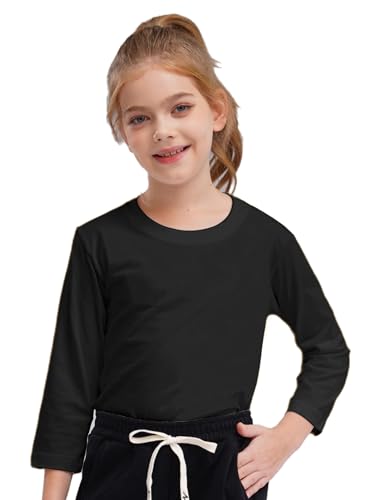 RUNQHUI Unisex Kinder Langarmshirt Basic Einfarbig T-Shirt mit Rundhalsausschnitt Mädchen Jungen Baumwolle Unterhemd Oberteil Schwarz 122-128 von RUNQHUI