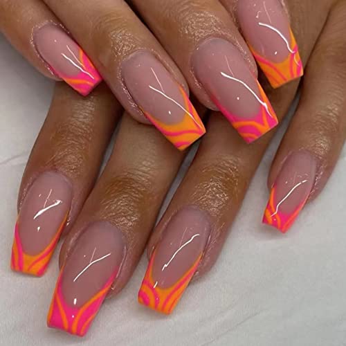 RUNRAYAY 24 Stück Orange Press on Nails Medium, French Tips Kunstnägel, Kunstnägel Kleber auf Nägeln für Frauen und Mädchen von runrayay