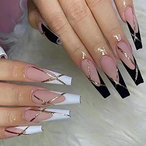 RUNRAYAY 24 Stück Press On Nails Lange Kunstnägel, Schwarz-Weiße Acryl-Ballett-Französisch Mit Goldfolien-Designnägeln Für Frauen Und Mädchen von runrayay