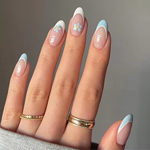 RUNRAYAY Blue Flower Press on Nails Medium mit French Tips, Fack Nails für Damen Mädchen, Nude Nails Press on Full Cover Nails Tips für Frühlings-Sommer-Salonnägel von runrayay