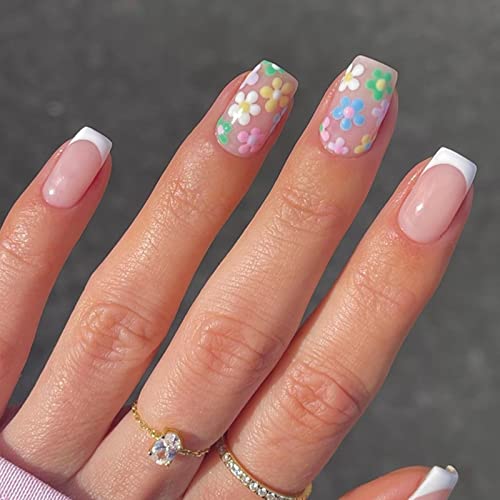 RUNRAYAY Bunte Blumen-Acryl-Fack-Nägel kurz mit französischen Spitzen, Press-On-Nägel für Frauen Mädchen, nackte Nägel Press-On-Full-Cover-Nägel-Spitzen für Festival-Salon-Nägel von runrayay