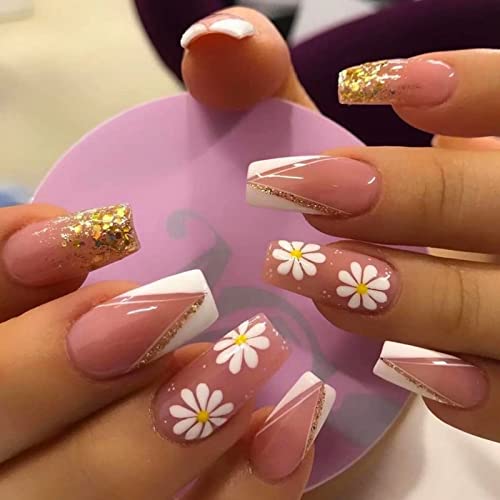 RUNRAYAY Pink Flower French Long Fake Nail with Gold Folie, Press On False Nails with Daisy Pattern, Nude Coffin Acrylic Full Cover Nails Tips for Women & Girls 24Pcs von runrayay