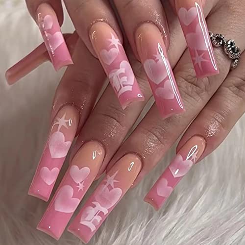 RUNRAYAY Pink Love Press On Nails Lang, Nagelspitzen zum Aufkleben auf den Nagel, künstliche Nägel für Frauen, Acryl, vollständige Abdeckung, Sargnägel, 24-teiliges Nail Art Kit von runrayay
