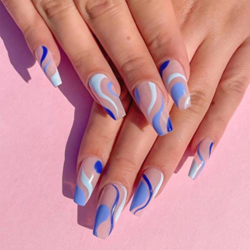 RUNRAYAY Wave Blue French Press On Nägel Lang Mit Linienmuster, Nagelspitzen Zum Aufkleben Auf Den Nagel, Künstliche Nägel Für Frauen, Acryl, Vollständige Abdeckung, Sargnägel, 24-Teiliges Nail Art von runrayay