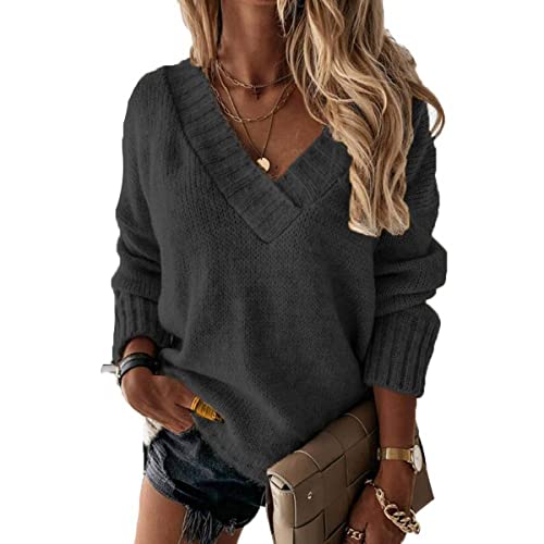 RUNYN Damen V-Ausschnitt Pullover Casual Lose Sweatshirts Einfarbig Strickpullover Langarm Warm Sweater Strickwaren Oberteil für Herbst und Winter von RUNYN