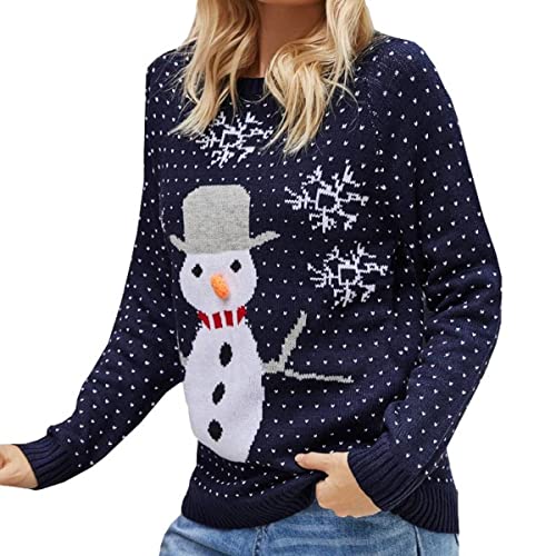 RUNYN Damen Weihnachtspullover Schneemann Druck Weihnachtsstrick Pullover Langarm Warme Rundhalspullover Strickpullover Sweater Sweatshirt mit Zopfmuster von RUNYN