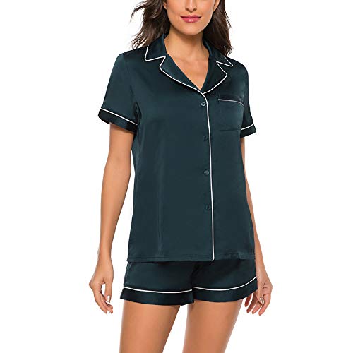 RUNYN Satin Pyjama Set für Damen, Silky Lapel Pyjama Sets Kurzarm Ober- und Unterwäsche Nachtwäsche, Seide Kurzarm Set von RUNYN