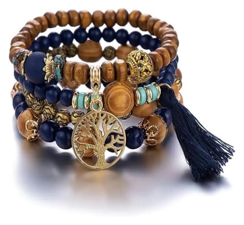 RURUR Wood Bead Bracelet，4Pcs/Set Boho Wooden Beaded Bracelet Set for Men Women Tassels Elastic Chain Bangle Bohemia(Blue) von RURUR