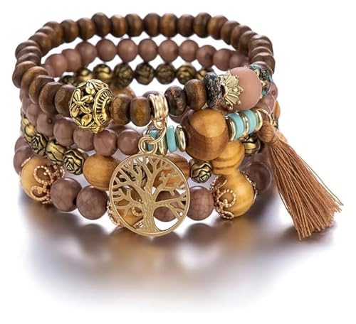 RURUR Wood Bead Bracelet，4Pcs/Set Boho Wooden Beaded Bracelet Set for Men Women Tassels Elastic Chain Bangle Bohemia(Yellow) von RURUR