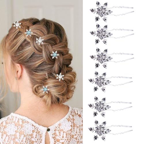 RUSTAMM 6 Stück Weihnachts-Haarspangen für Damen und Mädchen, 67 mm, Kristalle, Haarnadeln, Schneeflocke, Strass, Brautschmuck, U-Form, Haarspangen (Silber) von RUSTAMM