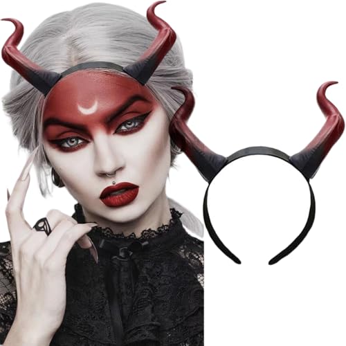 RUSTAMM Handgefertigtes Dämonenhörner Stirnband Teufelshörner Stirnband Schwarz Rot Gothic Horn Hoop Kopfschmuck Halloween Cosplay Haarschmuck für Frauen Party Kostüm von RUSTAMM