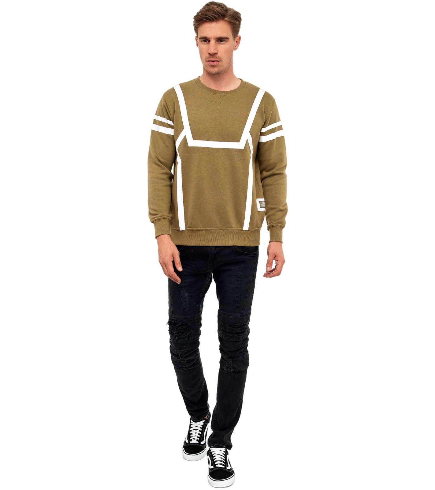 RUSTY NEAL Herren Sweater Rundhals-Pullover mit Kontraststreifen R-19045 Olive/Weiß von RUSTY NEAL