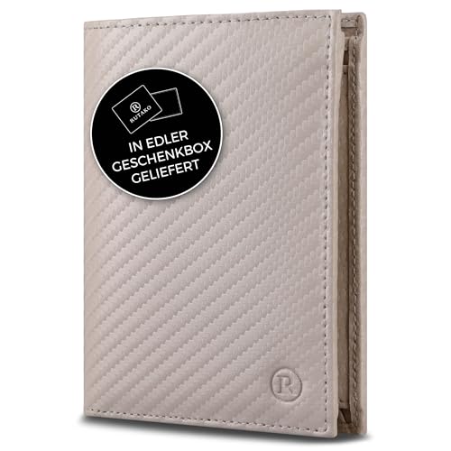 RUTAKO Leder Geldbörse Herren mit RFID Schutz - Portemonnaie Groß mit Münzfach - 12 Fächer - Geldbeutel für Männer - Brieftasche Wallet Portmonee Carbon-Beige von RUTAKO