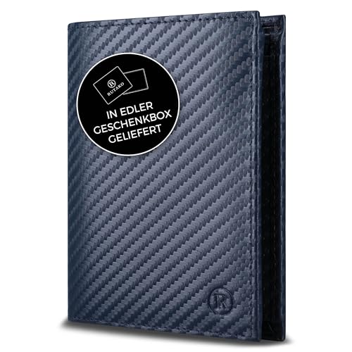 RUTAKO Leder Geldbörse Herren mit RFID Schutz - Portemonnaie Groß mit Münzfach - 12 Fächer - Geldbeutel für Männer - Brieftasche Wallet Portmonee Carbon-Blau von RUTAKO