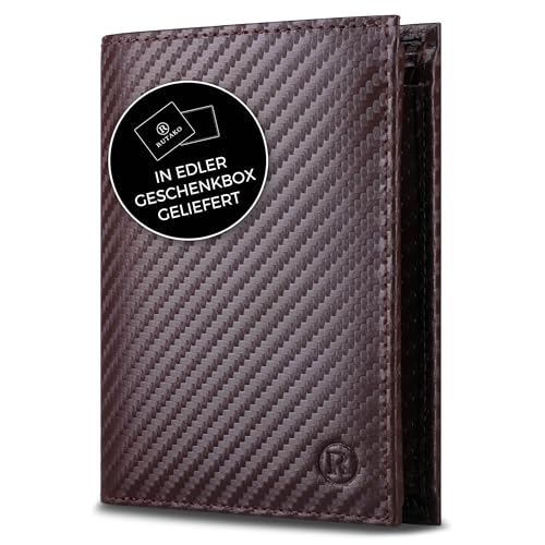 RUTAKO Leder Geldbörse Herren mit RFID Schutz - Portemonnaie Groß mit Münzfach - 12 Fächer - Geldbeutel für Männer - Brieftasche Wallet Portmonee Carbon-Braun von RUTAKO
