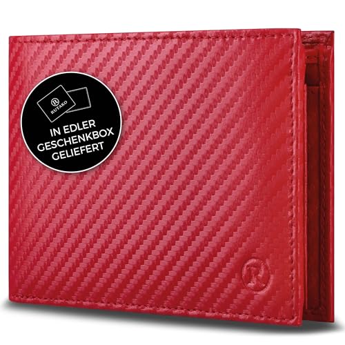 RUTAKO Leder Geldbörse Herren mit RFID Schutz - Portemonnaie Groß mit Münzfach - 12 Fächer - Geldbeutel für Männer - Brieftasche Wallet Portmonee Carbon-Rot von RUTAKO