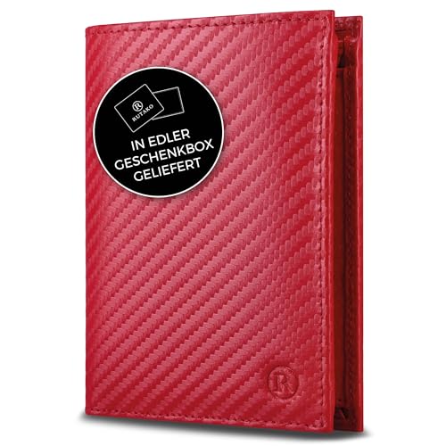 RUTAKO Leder Geldbörse Herren mit RFID Schutz - Portemonnaie Groß mit Münzfach - 12 Fächer - Geldbeutel für Männer - Brieftasche Wallet Portmonee Carbon-Rot von RUTAKO