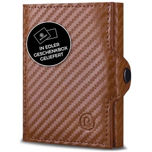 RUTAKO Slim Wallet mit XL Münzfach & RFID-Schutz - Kartenetui Herren & Damen - Kreditkartenetui klein - Mini Geldbörse - Portmonee Portemonnaie klein - Geldbeutel Carbon-Cognac von RUTAKO