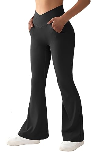RUUHEE Damen gerippte Crossover-Yogahose mit Taschen, hohe Taille, Glockenunterteil, ausgestellte Leggings, Schwarz, X-Groß von RUUHEE