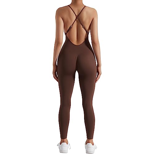 RUUHEE Frauen Nahtlose Sexy Rückenfrei Bauchkontrolle Jumpsuits Scrunch Butt Ärmellos Yoga Strampler, Braun, Small von RUUHEE