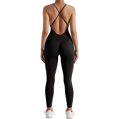 RUUHEE Frauen Nahtlose Sexy Rückenfrei Bauchkontrolle Jumpsuits Scrunch Butt Ärmellos Yoga Strampler, Schwarz, Medium von RUUHEE