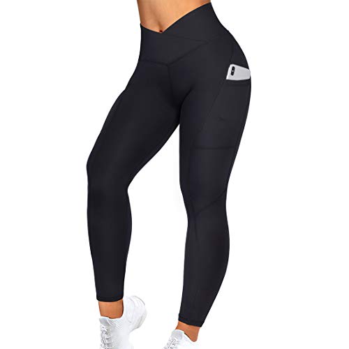 RUUHEE Frauen V Cross Waist Reflektierende Hohe Taille Crossover Leggings mit Taschen Yoga Hosen - Schwarz - Klein von RUUHEE