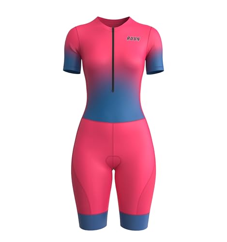 RUUN Damen Radtrianzug Halbarm mit Taschen Mesh Triathlon Gepolsterter Anzug mit Hi Viz Reflection Skinsuit Power Band und Beingreifern, rose, Einheitsgröße von RUUN